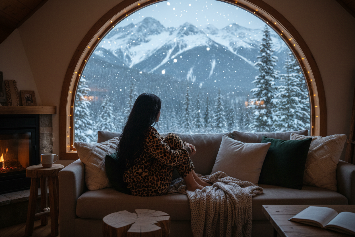 Girl Curled up on a big cozy couch, infront of a big window facing the mountains and pine trees watching the snow fall, she's wearing a matching lounge/velvet cheetah print  set, she has long black wavy hair falling down her back as she looks out the window, low lighting, cozy cabin 