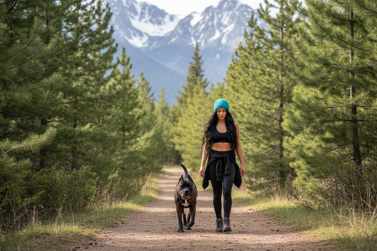 Girl in a black yoga set, and hoodie, long black wavy hair, with a turquiose toque on, walking down a hiking path between pine trees, and in the background/distance is mountains, and shes got dark grey hiking boots on, and ahead of her is a black and cane cane corso dog