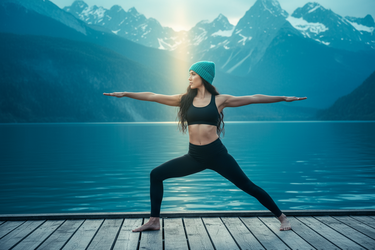Girl in a Black yoga set, doing warrior pose in front of a mountain view, the water between her and the mountains is really blue, the lighting is cooler toned, but the sun is casting a light ray in the image, making it look peaceful, the girl has long black wavy hair and she's wearing a turquoise toque