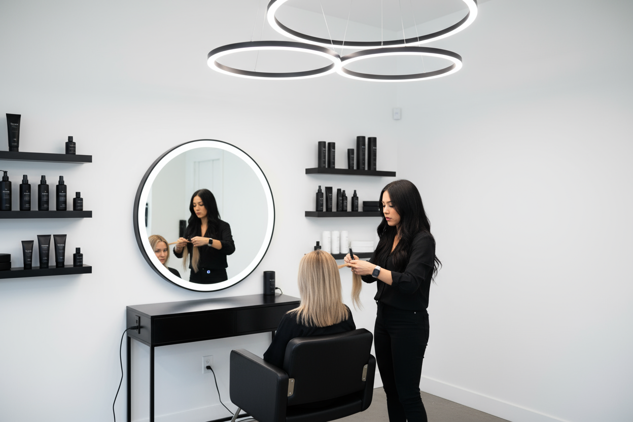 Hairstylist with long black hair, at her modern station, white walls and black colored shelves and hairstylist station and hair chair with a client in it getting hair extensions put in