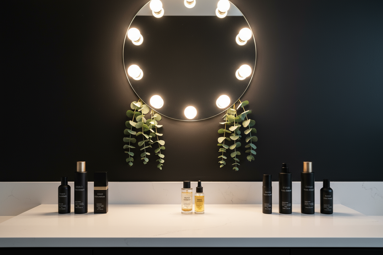 Modern black bathroom with white counters, eucalyptus hanging on the wall, the mirror is a circle and has the round mirror lights on it, on the counter is an assortment of skincare products in black bottles, and two clear little glass bottles on the counter, one is a 24k gold face serum, the other an hair oil serum