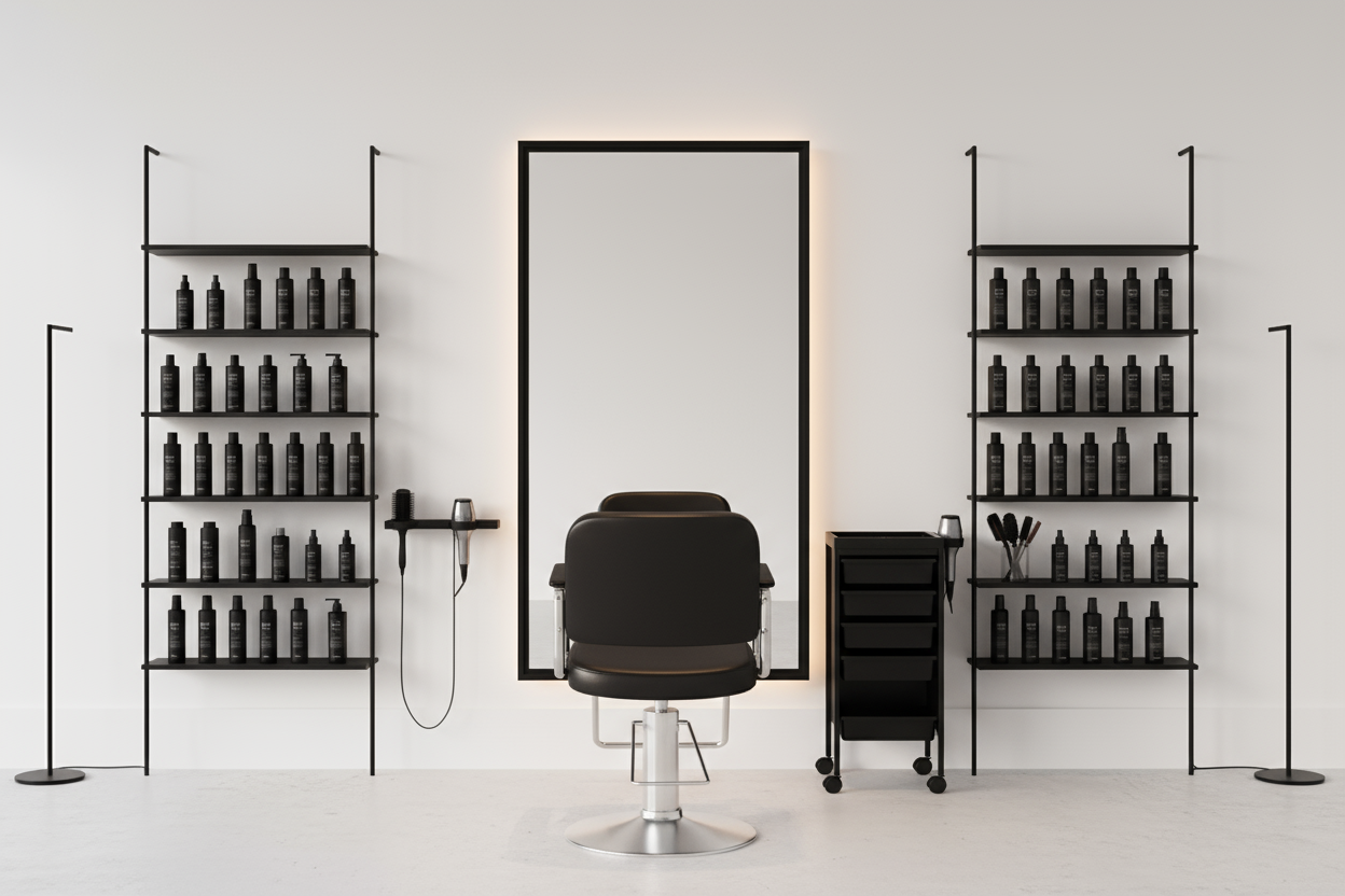 Modern White walls, black shelves and mirror and hairstylist station set up