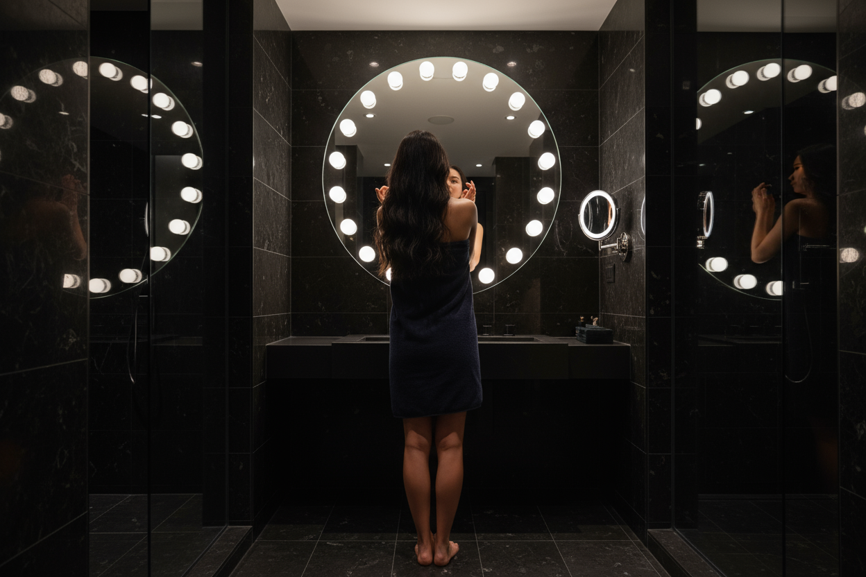 Organic skincare line being used, by a girl with long black wavy hair, have the pov from behind her, and she has a dark navy blue towel wrapped around her covering up, bare legs, and you can see her applying the serum in the mirror, low lighting room, but her mirror has those mirror lights facing her, and its a black modern style bathroom