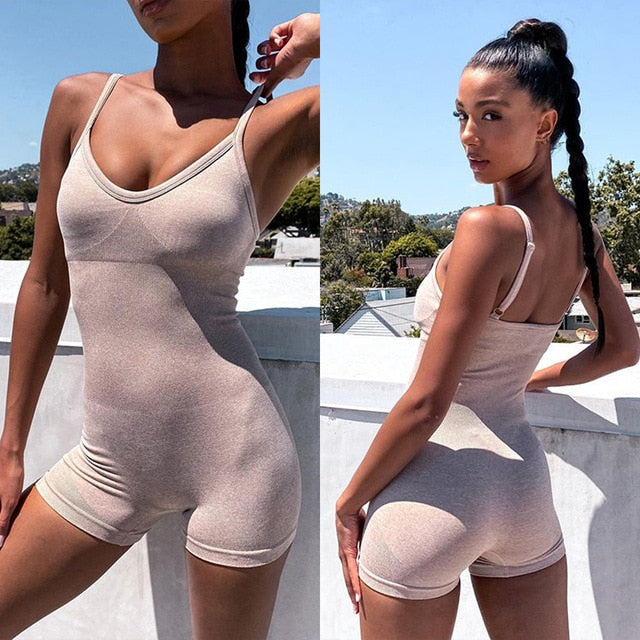 Seamless Solid Yoga Jumpsuit For Women Strap Top Shorts Tracksuit Fitness Clothes Running Workout Sports Energy One Piece-4